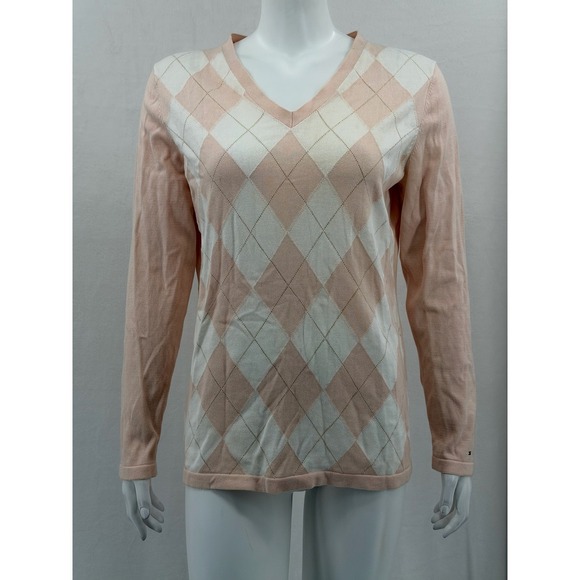 Tommy Hilfiger Sweaters - Tommy Hilfiger Sweater Womens Large Pink Peach Argyle V-Neck Tennis‎ Prep Pastel